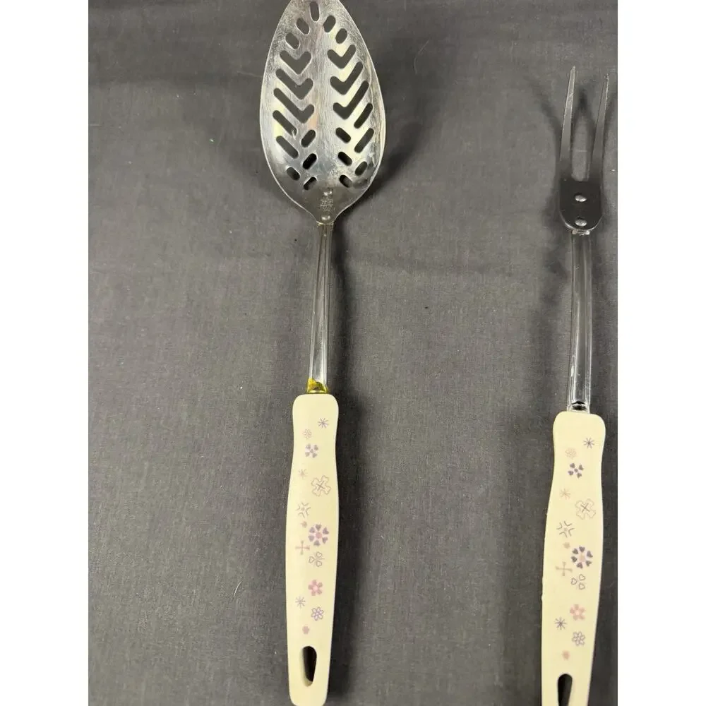 Vintage Ekco Slotted Spoon Serving Fork & Spatula White W/ Purple Flowers